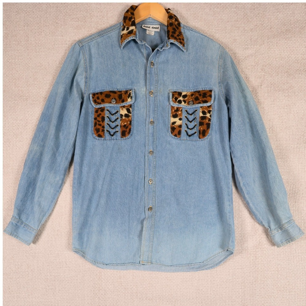 Vintage Denim Shirt Leopard Print‎ Collar Pockets Lace Up Women's Size Small